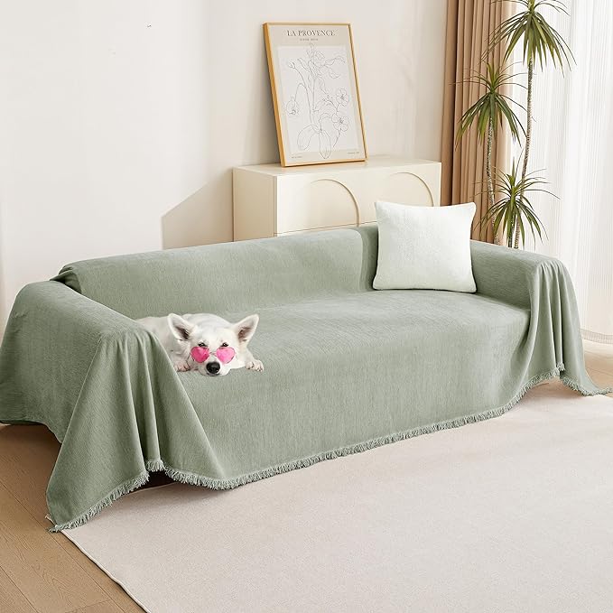 MYSKY HOME Couch Cover L Shape, Sectional Couch Covers, Couch Cover Blanket Furniture Protector for Pets, Sofa Covers Tassel Chenielle Sofa Slipcover Soft Throw Couch for Dogs,91"X150", Sage Green by MYSKYHOME