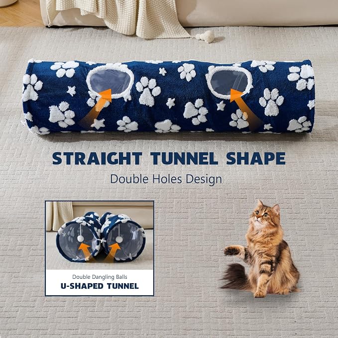 Straight Cat Tunnel for Indoor Cats 47"x12", Blue Paw | Cute Cat Toys, Collapsible Tunnel Tube with Hanging Balls for Puppy Kitten Rabbit - Image 5