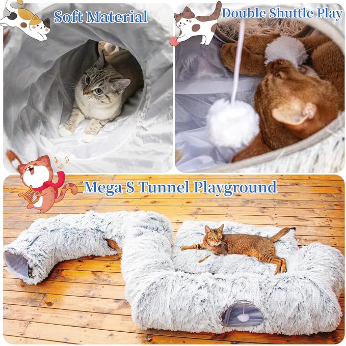 XxingSheep 4-Cave Plush XL Cat Tunnel Bed Indoor Cats Peekaboo Toy Mat Grey | Designed with multiple entrances that allow cats to play, chase and move comfortably through the tunnel - Image 4