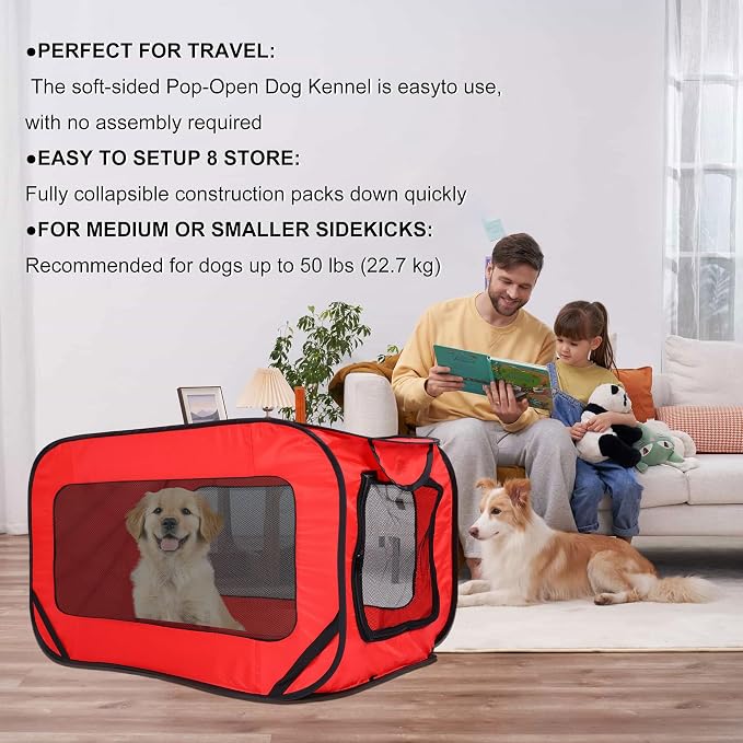36 Inch Foldable Dog Kennel for Large Dogs, Portable Waterproof Pop-Up Pet Crate, Indoor Outdoor Travel Car Seat Kennel (Red) - Image 4