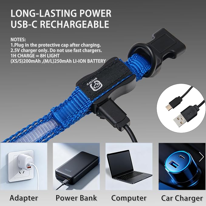 USB Rechargeable LED Dog Collar, Waterproof, Adjustable, Glowing, for Large Dogs, Night Walking, Camping, Jogging, Blue, L (Neck 18-28", Width 1") - Image 5