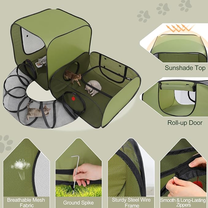Cat Playpen, 3-in-1 Pop-up Outdoor Cat Enclosure, Green | 2 Rooms & Tunnel, Breathable Mesh, Carry Bag, Interactive Toys, Multi-Entry Doors, Indoor & Outdoor Use for small pets - Image 5