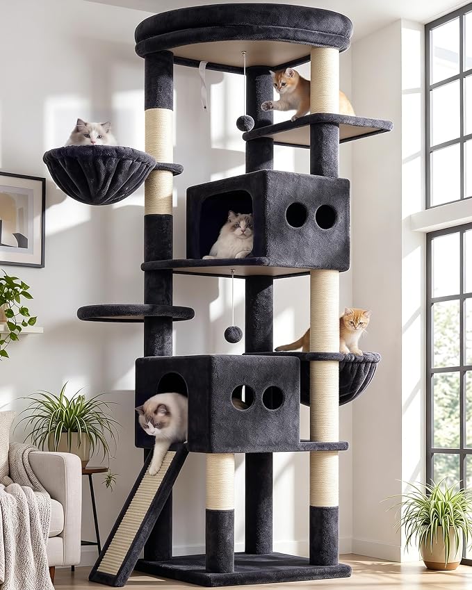 Globlazer S74G 74in Tall Cat Tree for Indoor Cats Large Adult, Dark Grey | Sturdy Heavy Duty Cat Tree Tower for Multiple Cats with 7 Scratching Posts, 2 Spacious Condos, 2 Hanging Baskets by Globlazer