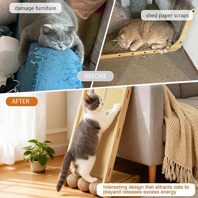 L-Shaped Sisal Cat Scratcher,Foldable Scratch Ramp for Indoor Cats | Foldable L-shaped sisal scratcher with solid wood base and toy ball to help protect sofas,walls and carpets from scratching - Image 2