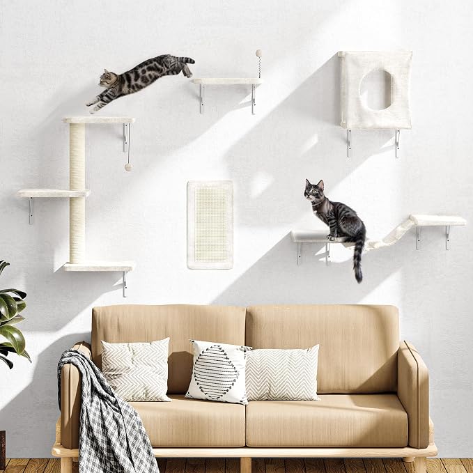 NUNU LAB Cat Wall Shelves Set, 5 Pcs Wall-Mounted Cat Climber with Cat House, Bridge, Scratching Post, Hammock, Wall Shelves, Beige - Image 2