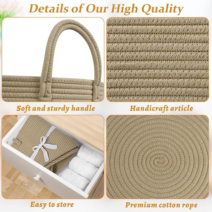 67L Large Woven Blanket Basket, Cotton Rope Baby Laundry Hamper with Handles, Kids Toy Basket for Classroom & Nursery, Soft Round Stuffed Animal Storage, Dog Toy Bin - 20"x13", Brown - Image 7