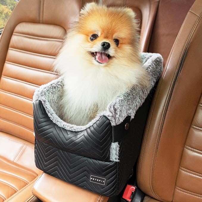 PETSFIT Dog Console Car Seat with Dual Adjustable Seat-Rail Anchor Hooks | Anti-Collapse Leather Armrest Booster Carseat with Safety Tether, Washable Cushion, Soft Pillow for Pets Under 8 lbs, Black by Petsfit