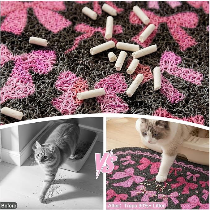 Bienbee Cat Litter Mat, 24" x 15" Litter Box Mat Rug with Non-Slip Bottom,Urine and Water Proof, Easy to Clean Cat Supplies Essentials for Indoor Kitty Kitten Floor, Pink Bow M - Image 2