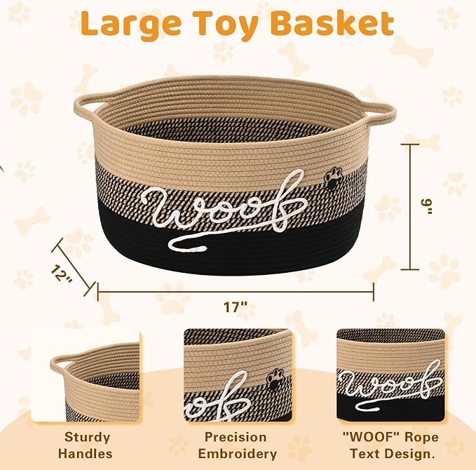 30L Woof Dog Toy Basket with Handles, Large Dog Toy Storage Bin with Paw Print, Woven Dog Basket for Blankets, Toys, Chews, Pet Toy Box for Nursery, Living Room, Bedroom, 17”x12”x9, Black - Image 4