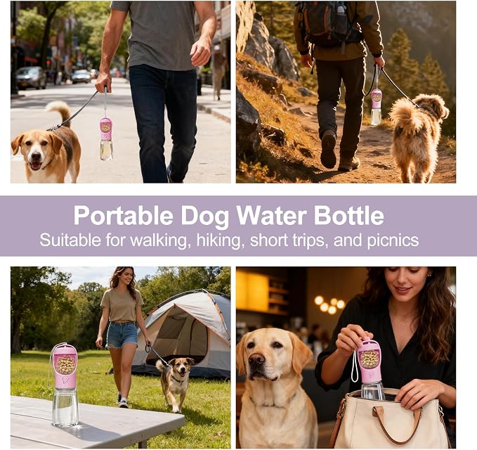Portable Dog Water Bottle with Food Container, Drinking Bottle for Travel | 2 in 1 Dog Water Bowl, Leak Proof Pet Water Dispenser, BPA Free, Puppy Essentials, for Walking Hiking (Pink,19oz) - Image 7