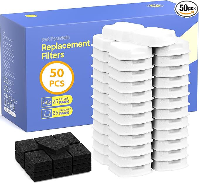 GIOTOHUN Pet Fountain Filter Replacement: 50 Cat Water Fountain Filter - 50 Pet Water Fountains Filters - 25 Filters & 25 Sponges - Suitable for ATMZIQXR GIOTOHUN KOOGMOON UMOCUOY IHOUONE HOOISE by GIOTOHUNPetLife