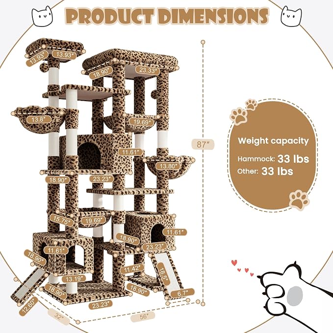 Sha Cerlin 87 in Multi-Level Tall Cat Tree Tower for Large Cats/Extra Wide Feline Activity Center/Sisal Scratching Posts/Wide Base/Cozy Plush Perches/Baskets/Hammocks/Toy Balls/Leopard Print - Image 9