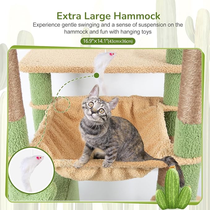 Globlazer Large Cactus Cat Tree Tower, 70in Tall Heavy Duty Green Cat Tree for Indoor Cats Sturdy Cat Tower with Scratching Post and Board, Hammock, Cat Condos for Adult Cats Kittens, F70 Pro, Green - Image 4