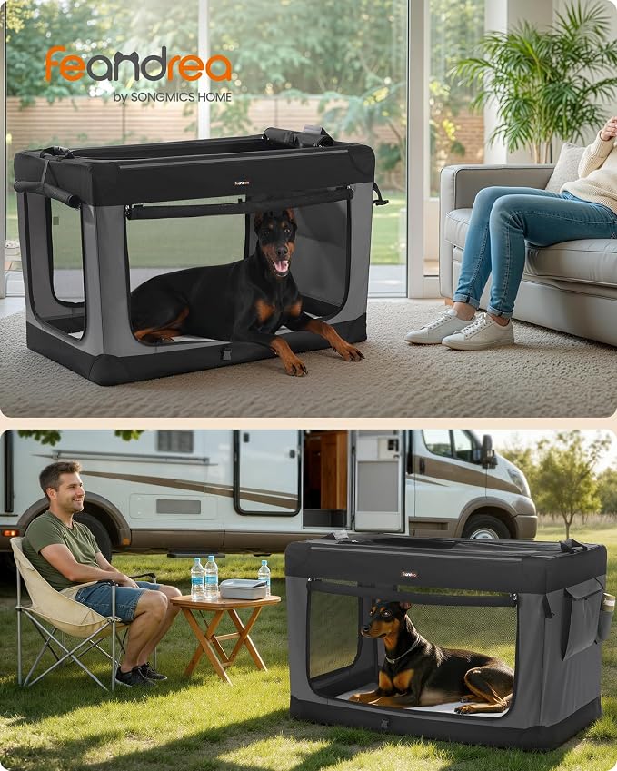 Feandrea Collapsible Dog Crate, Portable Oxford Fabric Pet Carrier, 48-Inch | For Extra Large Dogs, 4 Mesh Doors, Handles, Storage Pocket, Water Bottle Holder, Black and Gray BAX Collection UPDC022BH01 - Image 2
