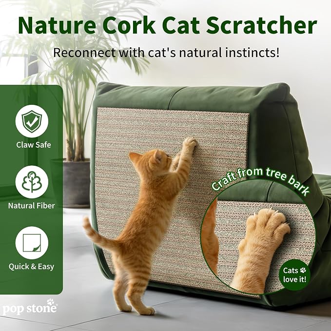Natural Cork Cat Scratcher Mat, Self-Stick & Trimmable Furniture Protector for Couch, Door, Wall & Bed Corner, Claw-Friendly for Indoor Cats (Catnip Green, 39.4 x 11.8 Inch) - Image 2
