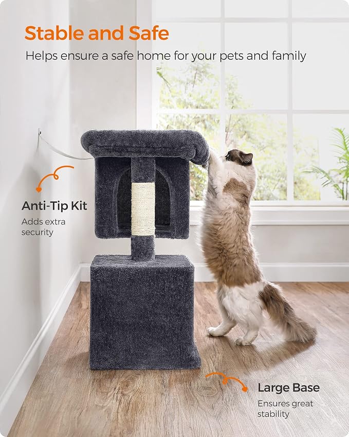 Feandrea Cat Tree, 29.1-Inch Cat Tower, Plush Condo for Medium Cats up to 11 lb, Large Perch, 2 Caves, Scratching Post, Smoky Gray UPCT612G01 - Image 8