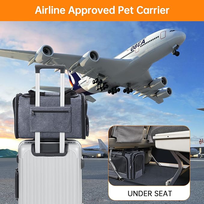 Cat Carrier Pet Travel Carrier by Airplane Approved Under seat, TSA Airline Approved Soft-Sided Dogs Carrier Bag for cat,Dogs,17.5 x 8.5 x 11 inches,Grey - Image 6