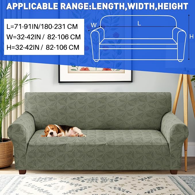 YEMYHOM 1 Piece Stretch Couch Covers for 3 Cushion Couch, Jacquard Sofa Cover with Non-Slip Elastic Bottom, Thickened Slipcover Furniture Protector for Dogs Pets (Large, Army Green） - Image 2