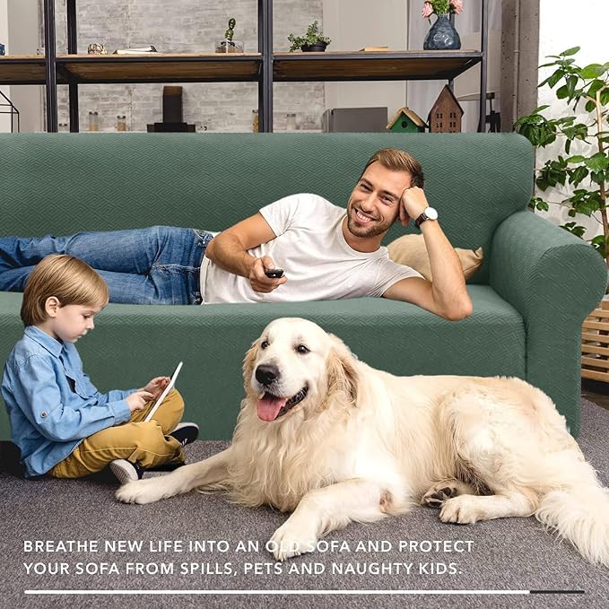 XINEAGE Stretch Jacquard Sofa Cover, Non Slip Sofa Slipcover for Dog | High-Stretch Fabric. Wear-Resistant, Pet Friendly. Easy Install & Washable for Living Rooms, Offices.Pea Green - Image 4