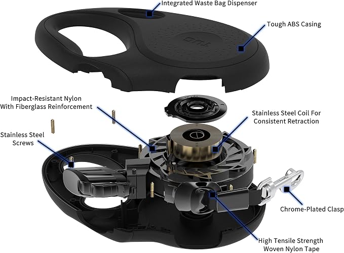 TUG Oval 360° Tangle-Free Retractable Dog Leash with Integrated Waste Bag Dispenser (Small, Black) - Image 4