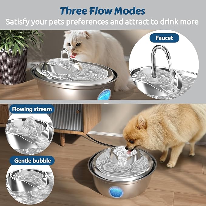 ORSDA Cat Water Fountain Stainless Steel, Cat Fountains for Drinking, 67oz/2L Automatic Pet Fountain Water Dispenser with Water Level Window for Cats and Small Dogs - 3 Filters +1 Pump Sponges - Image 3