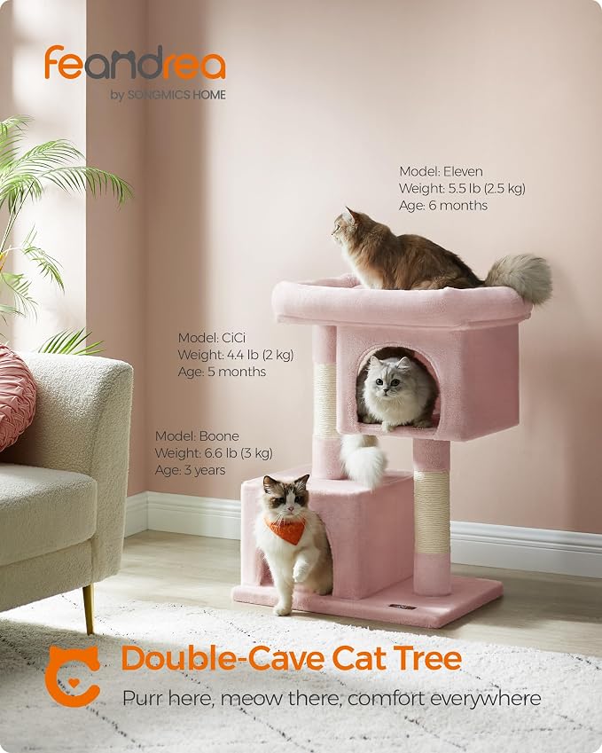 Feandrea Cat Tree, 33.1-Inch Cat Tower, Plush Condo for Large Cats up to 16 lb, Large Perch, 2 Caves, Scratching Post, Jelly Pink UPCT061P01 - Image 2