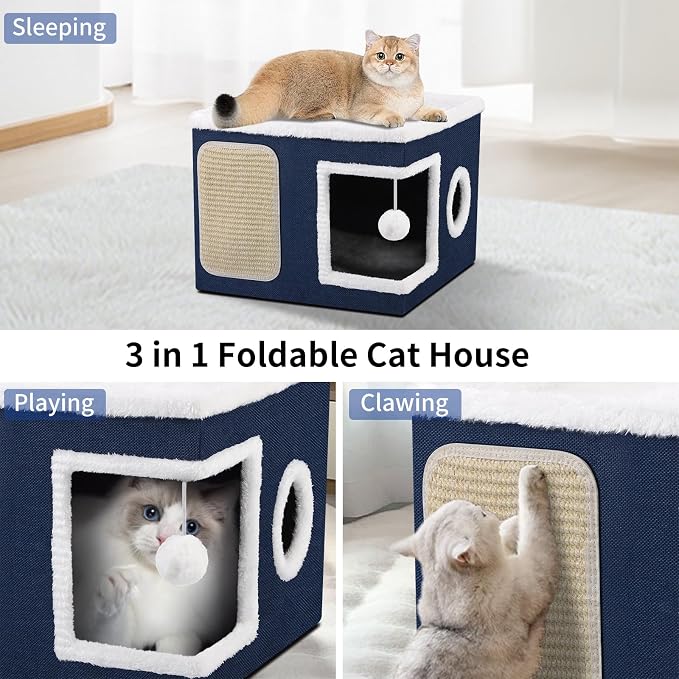 Shikha Cat House Bed for Indoor Cats with Fluffy Ball and Scratch Pad Blue | Foldable Large Cat Cave Hideaway with Cozy Condo, Hide and Seek Window, Holds Up to 30LBS, All Season Reversible Cushion - Image 4