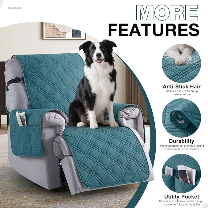 TAOCOCO Waterproof Recliner Chair Cover, Non Slip Oversized Recliner Covers for Recliner Chair with Pocket, Reclining Chair Cover Furniture Protector for Kids, Dogs(28'', Peacock Blue) - Image 3