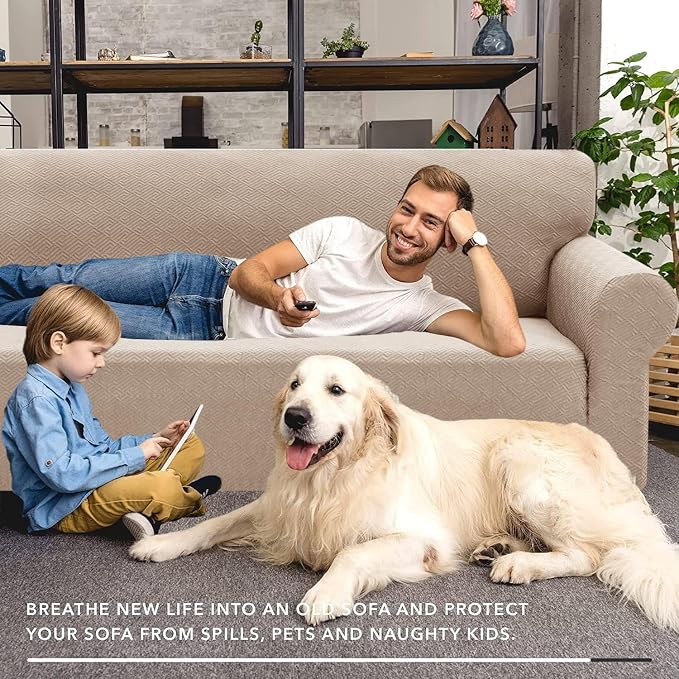 XINEAGE Stretch Jacquard Loveseat Cover, Non Slip Sofa Slipcover for Dog | High-Stretch Fabric. Wear-Resistant, Pet Friendly. Easy Install & Washable for Living Rooms, Offices.Khaki - Image 4