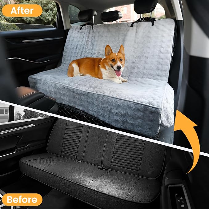 Dog Car Seat Cover, Waterproof Plush Pet Seat Protector, Gray, Back Seat | Faux rabbit fur, waterproof layer, non-slip silicone backing, side flaps, machine washable, fits most cars and SUVs - Image 4