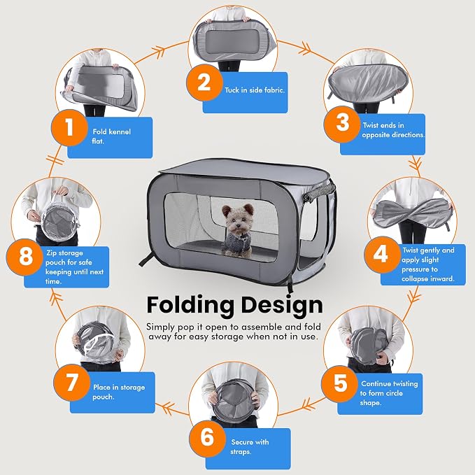 Portable Collapsible Pop Up Kennel, 32.5"L x 19.5"W x 19.5"H, Gray | Collapsible indoor/outdoor travel cat and dog crate with mesh screen windows pops up and folds flat for easy storage - Image 5