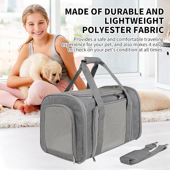 Cat Carrier, Soft-Sided Airline Approved Pet Carrier Case with 4 Ventilated Windows for Cats and Dogs Under 10-25Lbs (17.0 L x 11.0 W x 11.0 H Inch, Grey) - Image 8