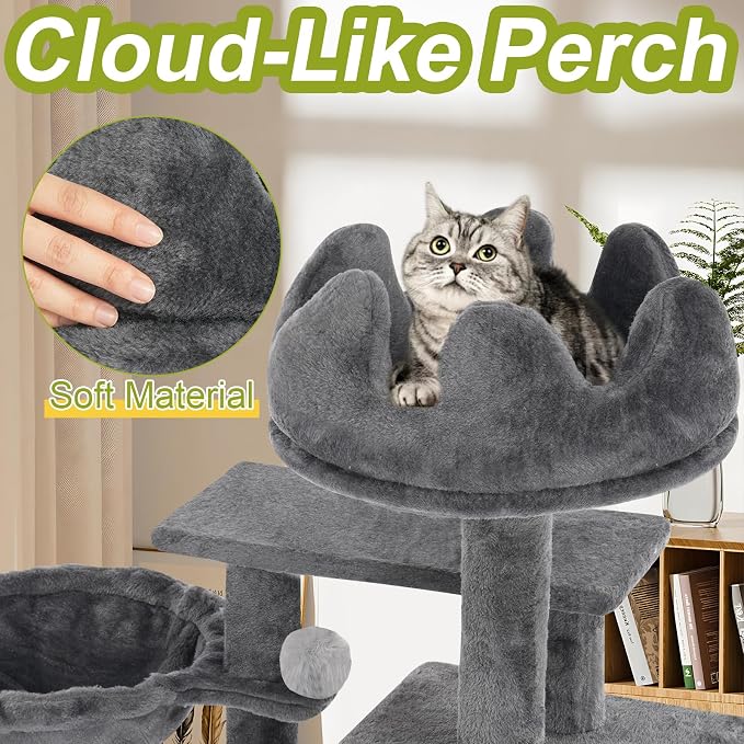 Cat Tree Tower with Hammock,40" Cat Trees for Indoor Cats Large Adult(Grey) | Modern Cat Tree Tower with Scratching Post, Cats Condo Furniture with Cloud Top Perch, Cats Climbing Tower for Kittens - Image 4