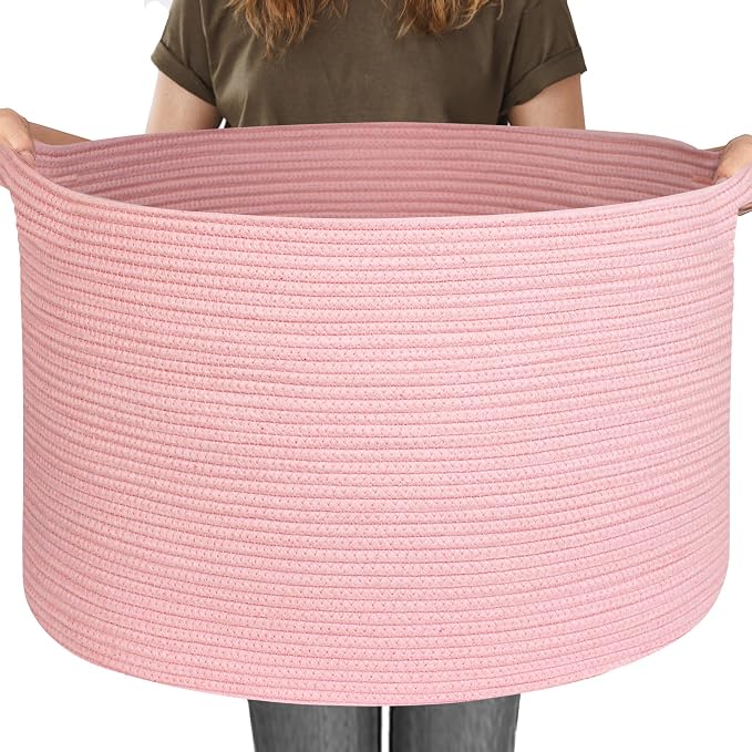 MEGASKET 115L Oversized Pink Basket, 23.6"x15.7" Woven Cotton Rope Bin with Handles, XXXL Blanket Storage for Living Room, Kids Toy Storage Bin Box, Baby Laundry Basket for Organizing, Pink Room Decor by MEGASKET