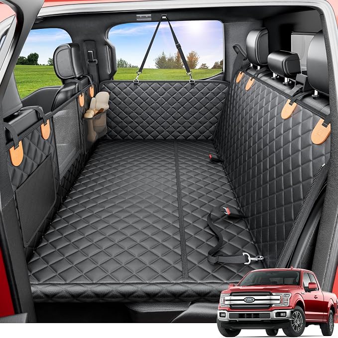 REEVAA Dog Truck Seat Cover for Back Seat, Hard Bottom, XL, Black+Orange | 450 lbs Extender, 45% More Space for 2-4 Large Dogs, Waterproof, Zippered Mesh Window, Fits Crew Cab Trucks & Large SUVs by REEVAA