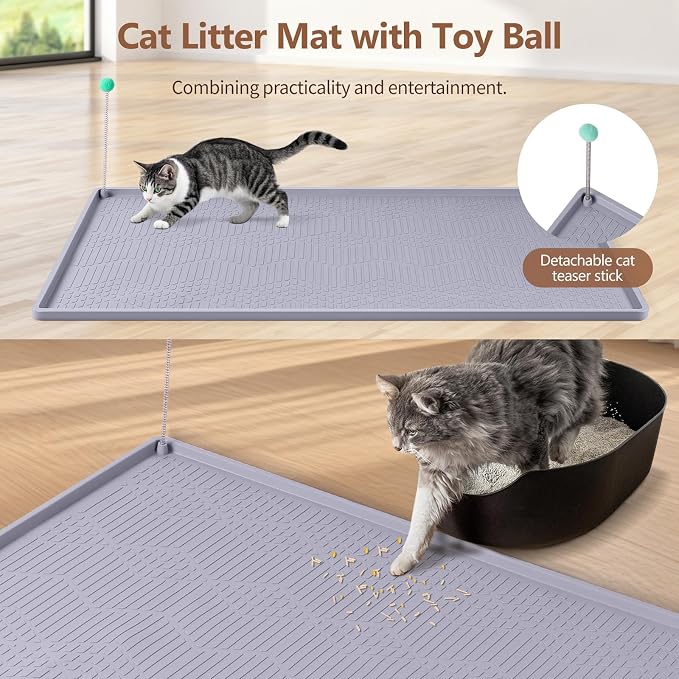 Silicone Cat Litter Box Mat 38'' x 25'' Cat Mat with Toy, Grey | Extra Large Litter Mat with lip, Non-Slip Waterproof Cat Litter Mat Litter Trapping Mat for Floor, Easy to Clean - Image 4