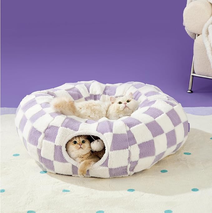 Lesure Donut Cute Jacquard Cat Tunnel Bed Kitten Toys for Puppy Bunny | 33.5x33.5x10in,Round Cat Bed Tube for Indoor Cats Rabbit Dog,Pet Peekaboo Cave Toy,Spiral Hideaway,Washable Cushion,Lavender - Image 7