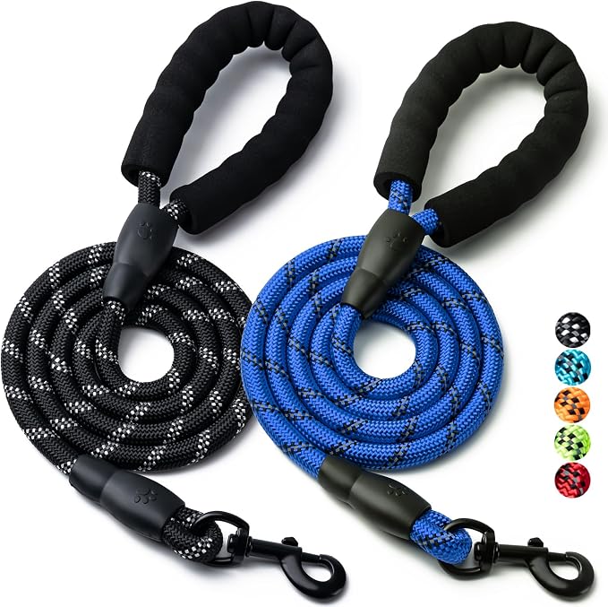 2 Pack Dog Leash,Heavy Duty Nylon Rope Pet Leashes(5FT-1/2,Black/Dark Blue) | Comfortable Padded Handle, Anti-tangle Swivel Clip, Reflective for Night Walks and Training, Climbing Rope for Strong Pullers by BOOMIBOO