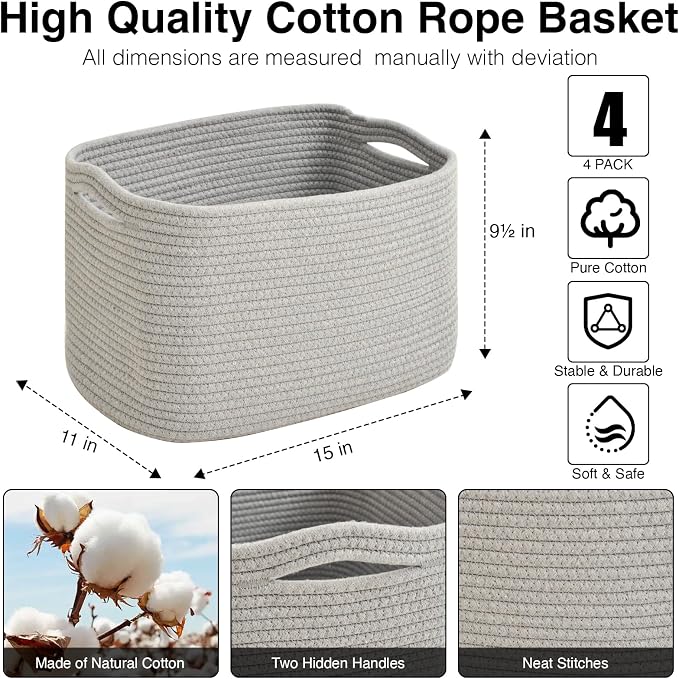 ICERZCZ Storage Baskets for Organizing & Shelves, Woven Cotton Rope Organization Bins for Dog Toys, Clothes, Books, Nursery Organizer, 15"Lx11"Wx9.5"H, (4 Packs) Grey - Image 3