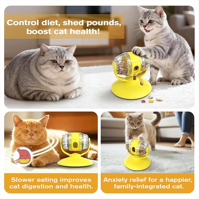 Rotating Interactive Cat Treat Dispenser Toy - Slow Feeder Puzzle for Indoor Cats-Yellow - Image 6