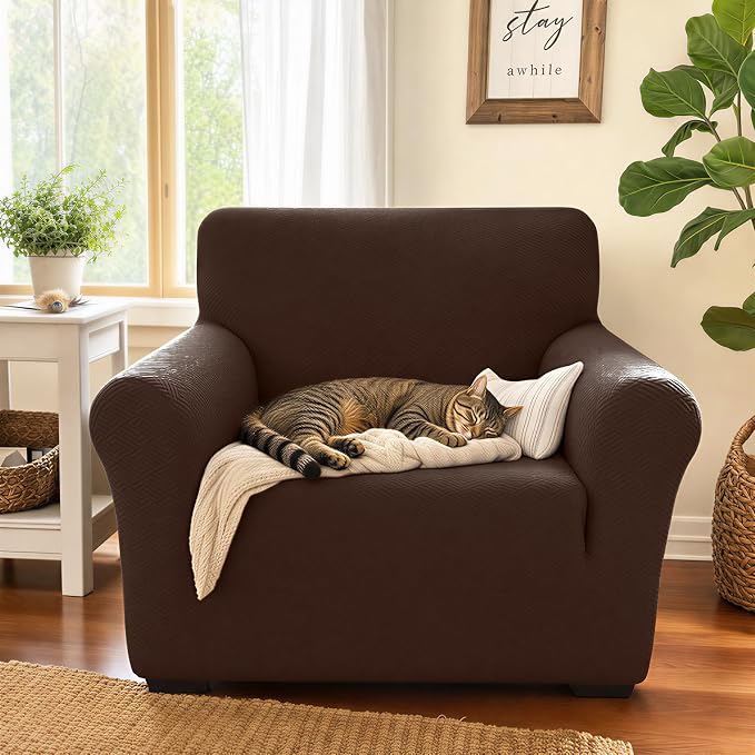 XINEAGE Stretch Jacquard Armchair Cover, Non Slip Sofa Slipcover for Dog | High-Stretch Fabric. Wear-Resistant, Pet Friendly. Easy Install & Washable for Living Rooms, Offices.Coffee - Image 3
