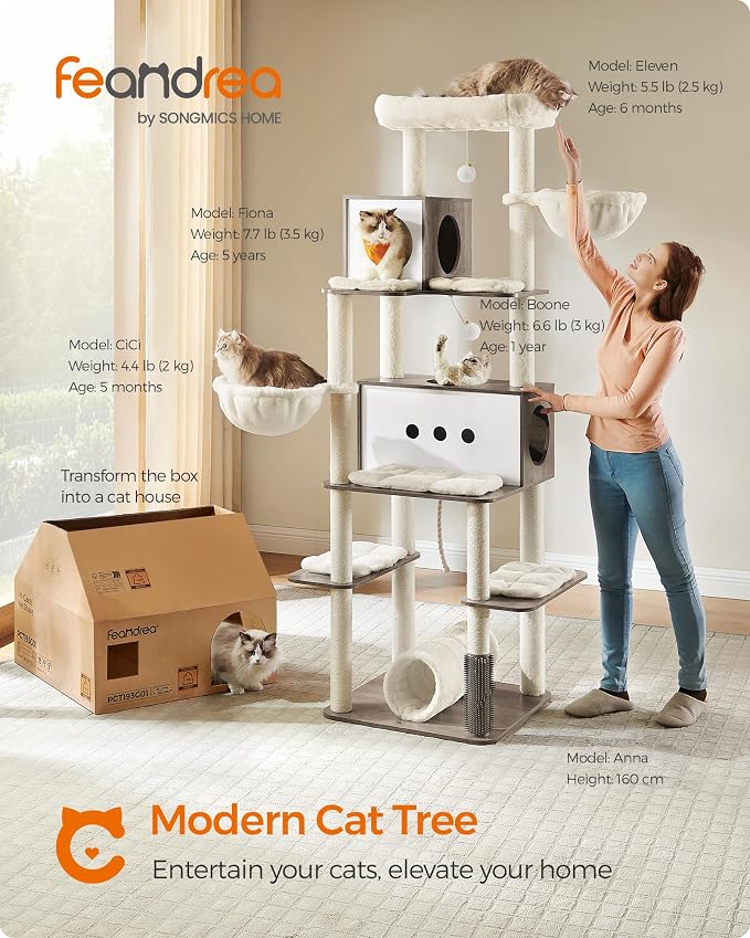 Feandrea Cat Tree, 75.6-Inch Modern Cat Tower, Tall Multi-Level Condo with 2 Caves, 2 Hammocks, 4 Scratching Posts, Self-Groomer, Tunnel, Perch, Heather Greige UPCT193G01 | Tall Cat Tower, 4 Scratching Posts, Self-Groomer, Tunnel, Perch, Heather Greige... - Image 2