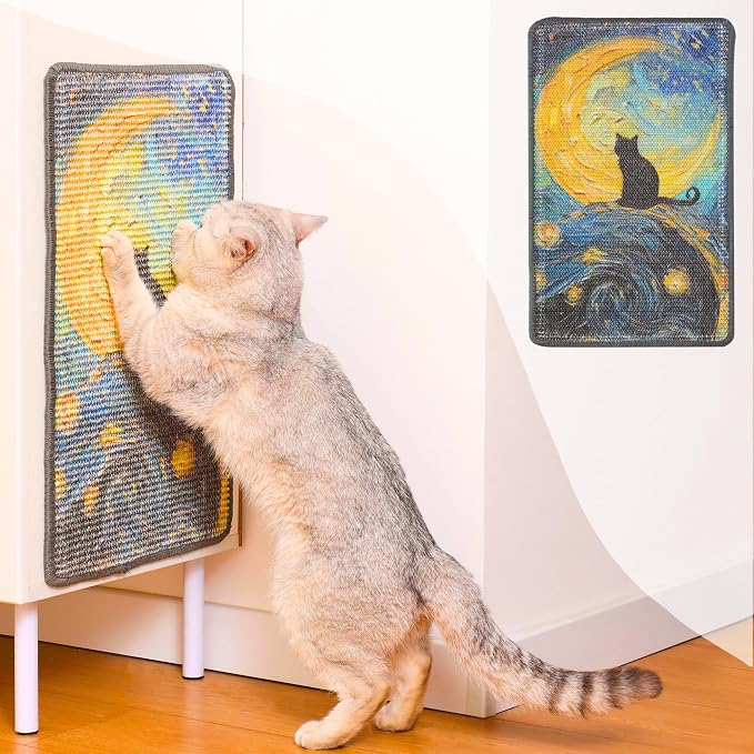 Sisal Cat Scratcher Post Mat (Use on Wall, Couch and Carpet), Durable and Shedding-Resistant Cat Scratching Surface - 21.7x13 inch with Hoop and Loop Adhesives, Twist Pins (Starry Night) by ABetterLifewithPets