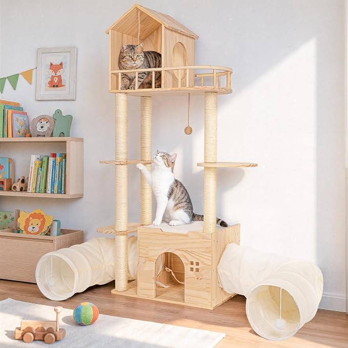 58 Inch Large Solid Wood Cat Tree, Tall Cat Tower for Indoor Cats, Cat Tree House with Double Tunnels, Sisal Scratching Posts, Washable Cushion, Hanging Balls, Natural - Image 8