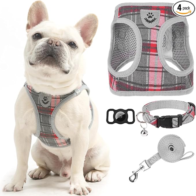 Classic Plaid Puppy Harness - Small Dog Harness and Leash Set - Dog Collar and Leash Set with AirTag Holder, Soft Padded Step in Dog Vest Harness No Pull Reflective for Outdoor, Grey XXS by EXPAWLORER