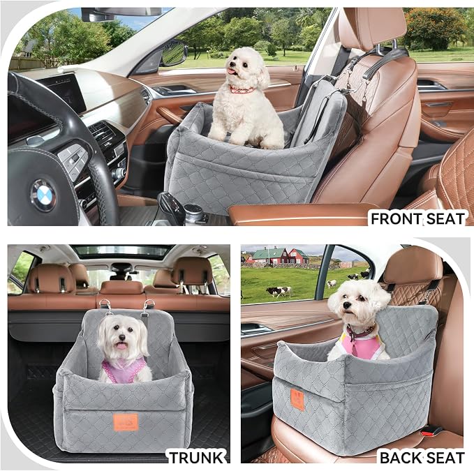 GL GLENSLAVE Dog Car Seat for Small/Medium Dogs, Dog Booster Car Seats with Thick Cushion for Dogs Under 35lbs, Detachable Washable Pet Carseat with Storage Pockets, 2 Safety Belts - Image 2