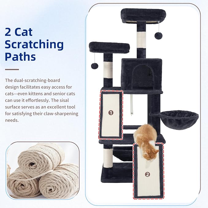 Cat Tree Tower Multi-Level with 2 Scratching Boards, GCT022G | 55.1 inch Cat Condo House with Hammock for Indoor Cats, 2 Plush Padding Platforms, Basket, Scratching Post, Toys, Dark Gray - Image 2