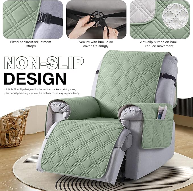 TAOCOCO Waterproof Recliner Chair Cover, Non Slip Oversized Recliner Covers for Recliner Chair with Pocket, Reclining Chair Cover Furniture Protector for Kids, Dogs(28'', Sage Green) - Image 6