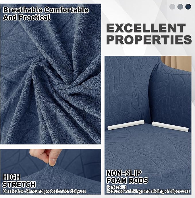 YEMYHOM Couch Cover Latest Jacquard Design High Stretch Sofa Covers for 3 Cushion Couch, Pet Dog Cat Proof Slipcover Non Slip Magic Elastic Furniture Protector (Large, Begonia Leaf Navy) - Image 3
