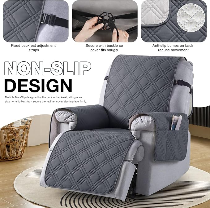 TAOCOCO 100% Waterproof Recliner Chair Cover, Non Slip Oversized Recliner Covers for Recliner Chair with Pocket, Reclining Chair Cover Furniture Protector for Kids, Pets(28'', Dark Grey) - Image 6